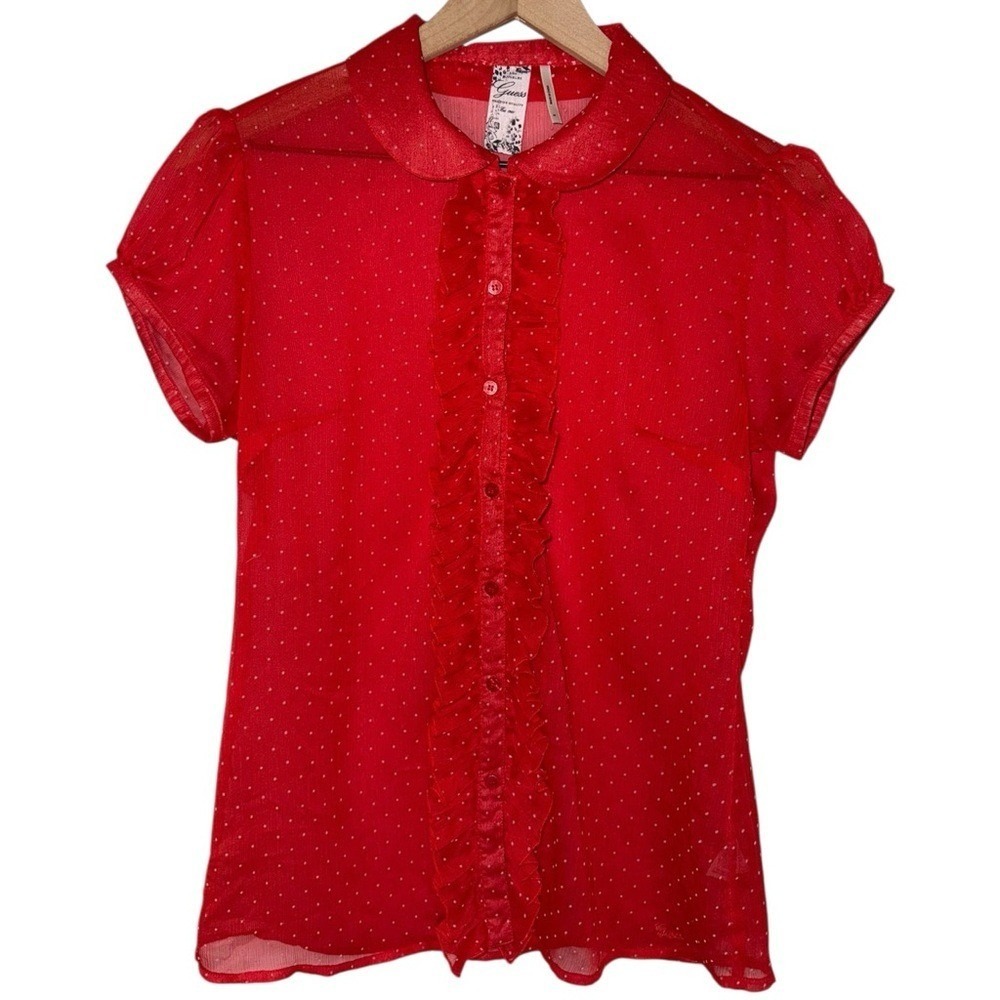 Y2K Coquette Preppy Polkadot Ruffle‎ Mesh Puff Sleeve Button Up Blouse